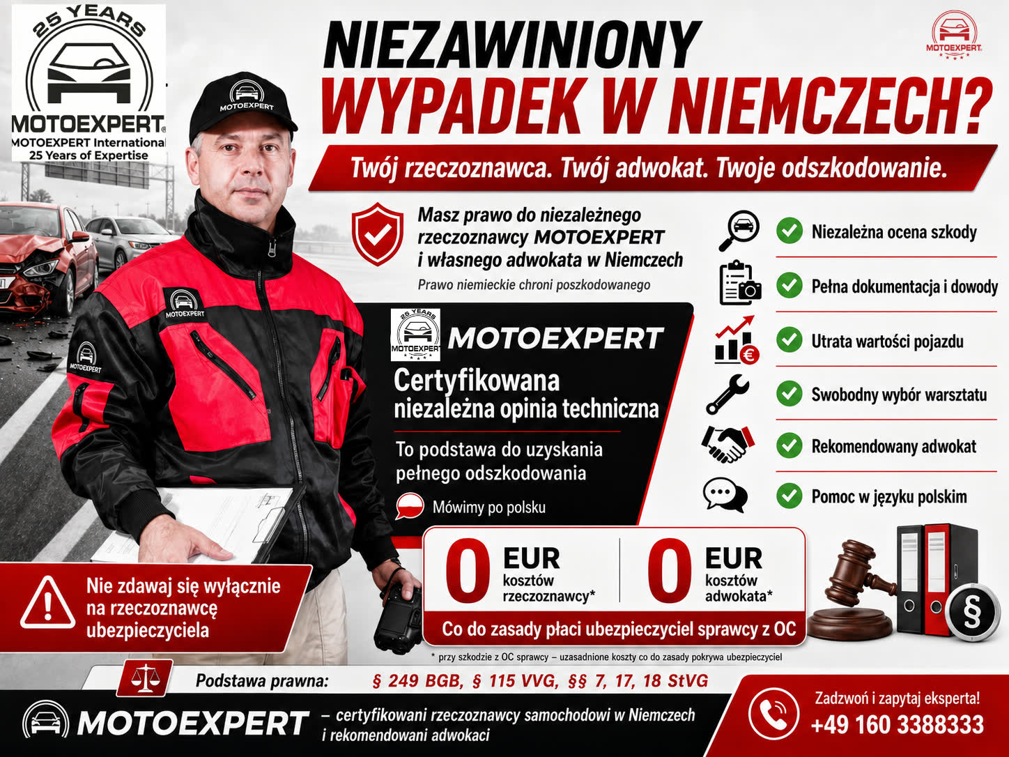 Niezawiniony wypadek w Niemczech? MOTOEXPERT — niezależny rzeczoznawca samochodowy, wyślij zdjęcia szkody na WhatsApp