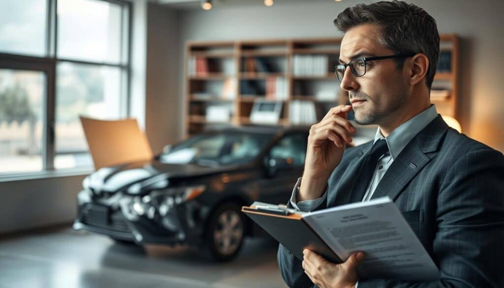 A contemplative professional examining a car damage assessment in an office setting. In the foreground, a well-dressed insurance adjuster (wearing business attire) holds a clipboard with detailed notes, expressing a thoughtful demeanor. In the middle ground, a damaged car can be seen through a large window, displaying minor dents and scratches while emphasizing the importance of accurate evaluations. The background features a sleek office space with soft lighting, bookshelves filled with reference materials, and a dimly lit desk lamp creating a focused atmosphere. The mood is serious yet constructive, aimed at highlighting the critical aspects of avoiding fraud in claims assessments. The perspective is taken from a slightly elevated angle, capturing an overall view of the subject and the scene. A contemplative professional examining a car damage assessment in an office setting. In the foreground, a well-dressed insurance adjuster (wearing business attire) holds a clipboard with detailed notes, expressing a thoughtful demeanor. In the middle ground, a damaged car can be seen through a large window, displaying minor dents and scratches while emphasizing the importance of accurate evaluations. The background features a sleek office space with soft lighting, bookshelves filled with reference materials, and a dimly lit desk lamp creating a focused atmosphere. The mood is serious yet constructive, aimed at highlighting the critical aspects of avoiding fraud in claims assessments. The perspective is taken from a slightly elevated angle, capturing an overall view of the subject and the scene.