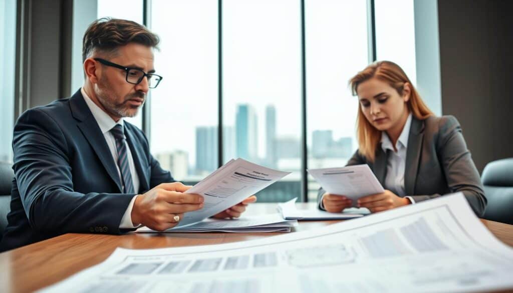 A professional lawyer and a claims adjuster are seated at a modern conference table, reviewing documents related to damage assessment. The lawyer, wearing a sharp navy suit and glasses, is attentively explaining the legal aspects of the claims process, while the adjuster, dressed in smart business attire, takes notes. In the background, a large window reveals a skyline view, bathing the room in natural light that creates a calm and focused atmosphere. The foreground features a close-up of a detailed insurance document, with graphs and notes visible, emphasizing the meticulous nature of the claims process. Warm lighting enhances the professional ambiance, while a subtle depth of field draws attention to the engaged expressions of the two professionals. A professional lawyer and a claims adjuster are seated at a modern conference table, reviewing documents related to damage assessment. The lawyer, wearing a sharp navy suit and glasses, is attentively explaining the legal aspects of the claims process, while the adjuster, dressed in smart business attire, takes notes. In the background, a large window reveals a skyline view, bathing the room in natural light that creates a calm and focused atmosphere. The foreground features a close-up of a detailed insurance document, with graphs and notes visible, emphasizing the meticulous nature of the claims process. Warm lighting enhances the professional ambiance, while a subtle depth of field draws attention to the engaged expressions of the two professionals.