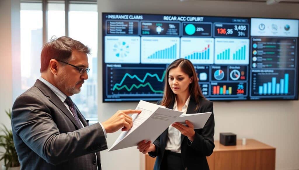 A professional setting inside a modern office, showcasing a team of two individuals analyzing a car accident report. In the foreground, a middle-aged man in a tailored suit points at data on a tablet, while a woman in smart business attire takes notes with a focused expression. The middle ground features a large window revealing a cityscape, with soft natural light illuminating the space. In the background, a large wall displays a digital screen with graphs and statistics related to insurance claims and damage assessments. The overall mood is serious and analytical, emphasizing professionalism and attention to detail. The lighting is bright yet soft, creating an inviting atmosphere for serious discussion and evaluation. A professional setting inside a modern office, showcasing a team of two individuals analyzing a car accident report. In the foreground, a middle-aged man in a tailored suit points at data on a tablet, while a woman in smart business attire takes notes with a focused expression. The middle ground features a large window revealing a cityscape, with soft natural light illuminating the space. In the background, a large wall displays a digital screen with graphs and statistics related to insurance claims and damage assessments. The overall mood is serious and analytical, emphasizing professionalism and attention to detail. The lighting is bright yet soft, creating an inviting atmosphere for serious discussion and evaluation.