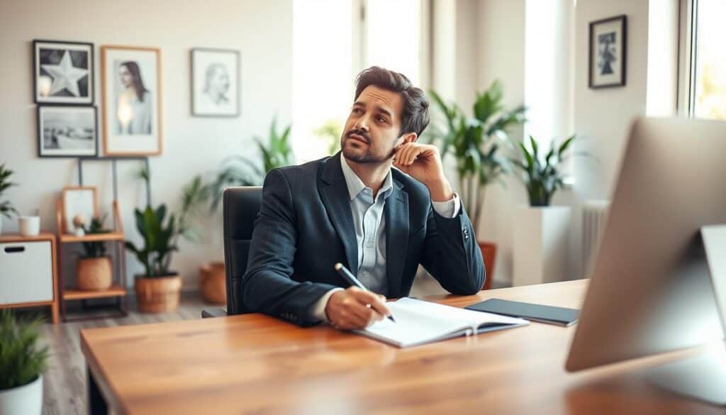 A person sitting in a bright, cozy office space, looking contemplative and calm after experiencing a recent accident. In the foreground, a professional wearing modest business attire, such as a suit, is seated at a wooden desk, holding a notepad and pen, reflecting on their thoughts. The middle ground features calming decor, such as potted plants and framed pictures, conveying a serene atmosphere. In the background, there is a large window with soft daylight streaming in, illuminating the space and creating a warm, hopeful mood. The angle should emphasize the individual's expression and the inviting ambiance of the room, highlighting the psychological importance of recovery and support after a traumatic event. A person sitting in a bright, cozy office space, looking contemplative and calm after experiencing a recent accident. In the foreground, a professional wearing modest business attire, such as a suit, is seated at a wooden desk, holding a notepad and pen, reflecting on their thoughts. The middle ground features calming decor, such as potted plants and framed pictures, conveying a serene atmosphere. In the background, there is a large window with soft daylight streaming in, illuminating the space and creating a warm, hopeful mood. The angle should emphasize the individual's expression and the inviting ambiance of the room, highlighting the psychological importance of recovery and support after a traumatic event.