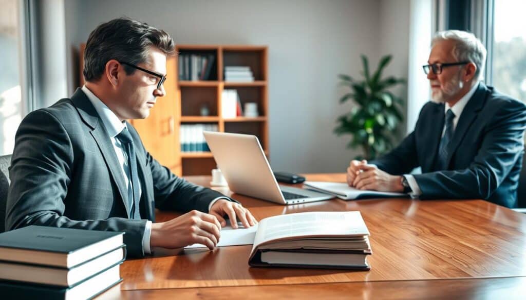 A professional consultation scene focused on "konsultacja prawna." In the foreground, a confident lawyer in a well-fitted suit sits at a polished wooden desk, looking intently at a client, a middle-aged person in smart business attire, who appears engaged and thoughtful. The middle ground features legal books and a laptop, suggesting a workspace filled with knowledge and technology. In the background, a softly lit office with a large window allowing natural light to stream in, casting gentle shadows. The color palette is warm and inviting, with a balance of earth tones and soft blues. The atmosphere conveys trust, professionalism, and preparation for a crucial legal discussion, emphasizing the importance of the meeting without any text or distractions. A professional consultation scene focused on "konsultacja prawna." In the foreground, a confident lawyer in a well-fitted suit sits at a polished wooden desk, looking intently at a client, a middle-aged person in smart business attire, who appears engaged and thoughtful. The middle ground features legal books and a laptop, suggesting a workspace filled with knowledge and technology. In the background, a softly lit office with a large window allowing natural light to stream in, casting gentle shadows. The color palette is warm and inviting, with a balance of earth tones and soft blues. The atmosphere conveys trust, professionalism, and preparation for a crucial legal discussion, emphasizing the importance of the meeting without any text or distractions.