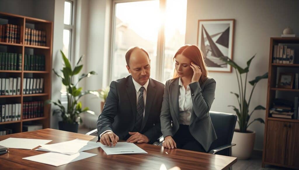 A professional consultation setting post-accident, featuring a serene office environment. In the foreground, a lawyer in a smart business suit, engaging thoughtfully with a distressed client, who is dressed casually but respectfully. The lawyer is gesturing towards legal documents spread across a wooden desk, emphasizing support and guidance. In the middle ground, shelves filled with law books create a sense of authority. Soft, natural lighting filters in through large windows, casting a warm glow that suggests hope and reassurance. In the background, calming artwork and potted plants add to the atmosphere of professionalism and care, creating a welcoming and safe space. The mood is serious yet hopeful, reflecting the concept of alternative legal assistance beyond just car repairs. A professional consultation setting post-accident, featuring a serene office environment. In the foreground, a lawyer in a smart business suit, engaging thoughtfully with a distressed client, who is dressed casually but respectfully. The lawyer is gesturing towards legal documents spread across a wooden desk, emphasizing support and guidance. In the middle ground, shelves filled with law books create a sense of authority. Soft, natural lighting filters in through large windows, casting a warm glow that suggests hope and reassurance. In the background, calming artwork and potted plants add to the atmosphere of professionalism and care, creating a welcoming and safe space. The mood is serious yet hopeful, reflecting the concept of alternative legal assistance beyond just car repairs.