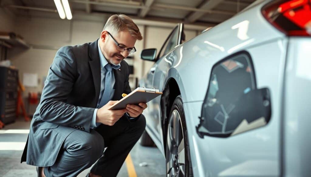 A professional inspector is carefully examining a damaged vehicle in a well-lit garage environment. In the foreground, the inspector, dressed in a smart business attire, kneels beside the vehicle, taking detailed notes on his clipboard while using a measuring tool to assess the extent of the damage. In the middle ground, the damaged parts of the vehicle, including scratches and dents, are clearly visible, highlighting the need for precision in the assessment process. The background features tools and equipment, giving a sense of a systematic assessment approach. Soft, natural lighting from overhead fixtures creates a focused but dynamic atmosphere, emphasizing the importance of accurate damage evaluation and detailed reporting. A professional inspector is carefully examining a damaged vehicle in a well-lit garage environment. In the foreground, the inspector, dressed in a smart business attire, kneels beside the vehicle, taking detailed notes on his clipboard while using a measuring tool to assess the extent of the damage. In the middle ground, the damaged parts of the vehicle, including scratches and dents, are clearly visible, highlighting the need for precision in the assessment process. The background features tools and equipment, giving a sense of a systematic assessment approach. Soft, natural lighting from overhead fixtures creates a focused but dynamic atmosphere, emphasizing the importance of accurate damage evaluation and detailed reporting.