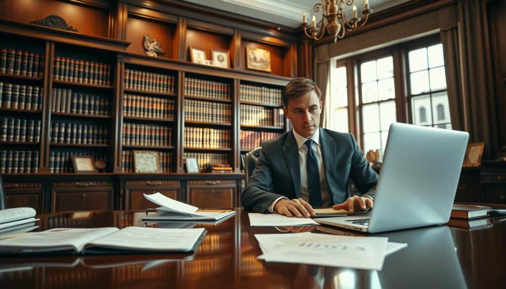 A professional law office interior, featuring a polished wooden desk with neatly arranged legal documents and a laptop. In the foreground, a well-dressed lawyer in a tailored suit, seated and reviewing case files with focused determination. In the middle, a large bookshelf filled with law books and legal texts, creating a sense of authority and knowledge. The background features elegant decor, including framed certificates and a window allowing natural light to flood the room, casting soft shadows. The atmosphere is serious yet inviting, conveying professionalism and trust. The lighting is warm, highlighting the details of the office, while the angle captures the essence of a dedicated legal environment, illustrating the role of a lawyer in legal proceedings. A professional law office interior, featuring a polished wooden desk with neatly arranged legal documents and a laptop. In the foreground, a well-dressed lawyer in a tailored suit, seated and reviewing case files with focused determination. In the middle, a large bookshelf filled with law books and legal texts, creating a sense of authority and knowledge. The background features elegant decor, including framed certificates and a window allowing natural light to flood the room, casting soft shadows. The atmosphere is serious yet inviting, conveying professionalism and trust. The lighting is warm, highlighting the details of the office, while the angle captures the essence of a dedicated legal environment, illustrating the role of a lawyer in legal proceedings.