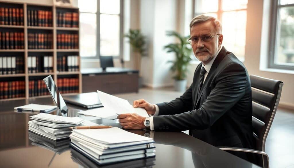 A professional lawyer in a sleek office setting in Germany, reviewing documents related to a car accident case. In the foreground, the lawyer, a middle-aged Caucasian male in a tailored suit, is seated at a modern desk, looking focused and engaged. The middle ground features neatly stacked legal papers and a laptop open to a legal document, emphasizing his dedication to his clients. The background showcases shelves filled with law books and a large window allowing soft, natural light to illuminate the room, creating a warm and inviting atmosphere. The overall mood reflects professionalism, competence, and a sense of trust, ideal for someone seeking legal assistance after an accident. The image should be framed with a slight depth of field to emphasize the lawyer's actions without distractions. A professional lawyer in a sleek office setting in Germany, reviewing documents related to a car accident case. In the foreground, the lawyer, a middle-aged Caucasian male in a tailored suit, is seated at a modern desk, looking focused and engaged. The middle ground features neatly stacked legal papers and a laptop open to a legal document, emphasizing his dedication to his clients. The background showcases shelves filled with law books and a large window allowing soft, natural light to illuminate the room, creating a warm and inviting atmosphere. The overall mood reflects professionalism, competence, and a sense of trust, ideal for someone seeking legal assistance after an accident. The image should be framed with a slight depth of field to emphasize the lawyer's actions without distractions.