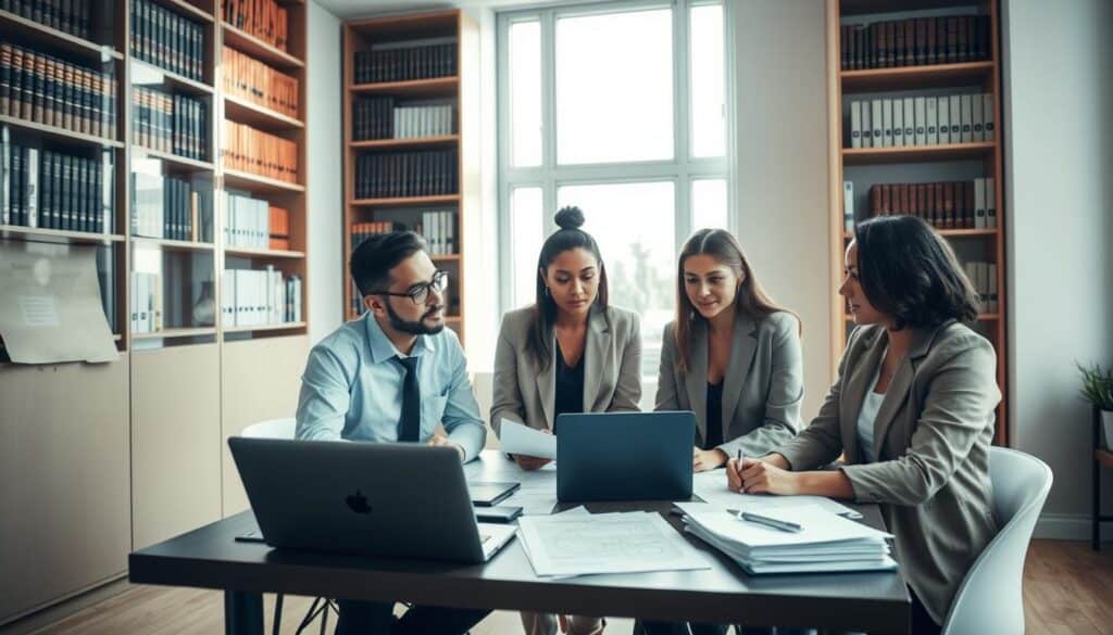 A professional meeting scene focused on legal advice related to technical aspects of liability insurance (OC). In the foreground, a diverse group of three individuals, dressed in business attire, are engaged in discussion over a table covered with legal documents, a laptop, and technical diagrams. In the middle ground, a large window allows soft, natural light to illuminate the room, enhancing the atmosphere of professionalism and focus. The background features a bookshelf filled with law books and industry reports, emphasizing the legal context. The overall mood is serious and informative, with a slightly warm color palette to create a welcoming environment. The camera angle captures the interactive nature of the discussion, with a slight overhead view to highlight the documents and engaged expressions of the individuals. A professional meeting scene focused on legal advice related to technical aspects of liability insurance (OC). In the foreground, a diverse group of three individuals, dressed in business attire, are engaged in discussion over a table covered with legal documents, a laptop, and technical diagrams. In the middle ground, a large window allows soft, natural light to illuminate the room, enhancing the atmosphere of professionalism and focus. The background features a bookshelf filled with law books and industry reports, emphasizing the legal context. The overall mood is serious and informative, with a slightly warm color palette to create a welcoming environment. The camera angle captures the interactive nature of the discussion, with a slight overhead view to highlight the documents and engaged expressions of the individuals.