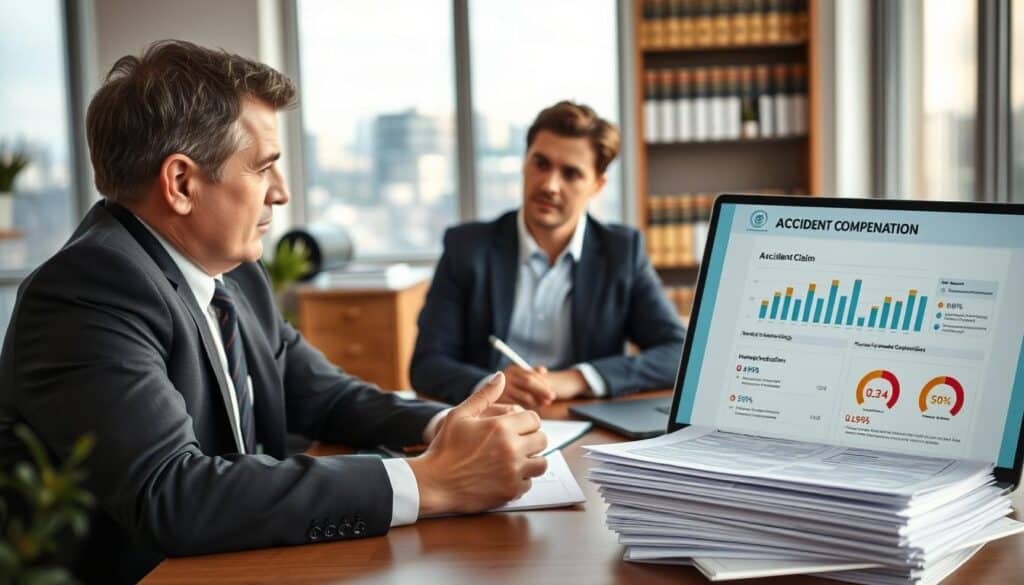 A professional office setting with a focus on an insurance consultation regarding accident compensation in Germany. In the foreground, a serious-looking consultant in a business suit sits at a desk, engaging with a client who looks concerned and attentive, both highlighting the importance of discussing compensation claims. In the middle ground, a stack of documents labeled "Accident Claim" and a laptop displaying relevant graphs and charts about compensation processes. In the background, soft, natural lighting illuminates a modern office environment, with shelves of legal books and a window showing a serene cityscape. The atmosphere conveys professionalism and reassurance, emphasizing the support offered during challenging times. A professional office setting with a focus on an insurance consultation regarding accident compensation in Germany. In the foreground, a serious-looking consultant in a business suit sits at a desk, engaging with a client who looks concerned and attentive, both highlighting the importance of discussing compensation claims. In the middle ground, a stack of documents labeled "Accident Claim" and a laptop displaying relevant graphs and charts about compensation processes. In the background, soft, natural lighting illuminates a modern office environment, with shelves of legal books and a window showing a serene cityscape. The atmosphere conveys professionalism and reassurance, emphasizing the support offered during challenging times.
