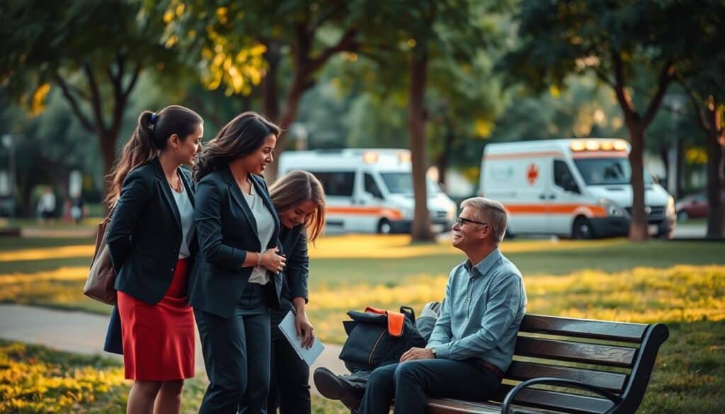 A serene and uplifting scene depicting social support after a car accident. In the foreground, a diverse group of individuals in professional business attire offers comfort and assistance to a person seated on a bench, looking relieved and grateful. The middle ground features a calm urban park setting with trees and soft grass, adding a touch of nature and tranquility. In the background, a blurred view of an emergency vehicle is visible, conveying the context without overwhelming the scene. The lighting is soft and warm, suggesting a late afternoon sun, creating an atmosphere of hope and recovery. The image should evoke feelings of compassion and community support, showcasing the importance of social connections in the healing process. A serene and uplifting scene depicting social support after a car accident. In the foreground, a diverse group of individuals in professional business attire offers comfort and assistance to a person seated on a bench, looking relieved and grateful. The middle ground features a calm urban park setting with trees and soft grass, adding a touch of nature and tranquility. In the background, a blurred view of an emergency vehicle is visible, conveying the context without overwhelming the scene. The lighting is soft and warm, suggesting a late afternoon sun, creating an atmosphere of hope and recovery. The image should evoke feelings of compassion and community support, showcasing the importance of social connections in the healing process.