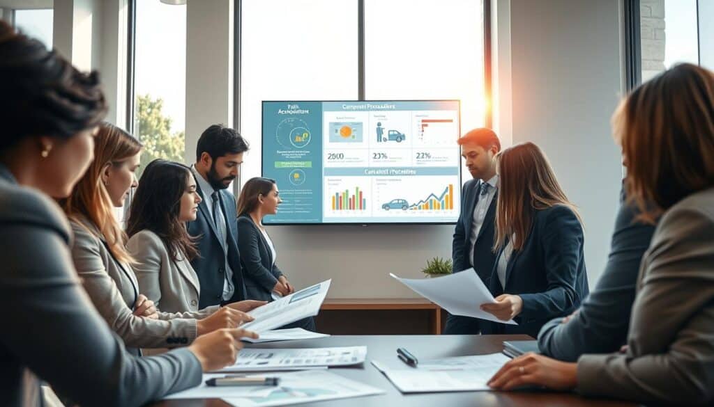 A serene office environment, focusing on a professional analysis post-accident. In the foreground, a diverse group of individuals in business attire are gathered around a table, examining detailed reports and accident diagrams, showing a sense of careful deliberation. In the middle ground, a wall-mounted screen displays a clear, graphical representation of accident statistics and compensation procedures, enhancing the analytical atmosphere. The background features large windows showing a sunny day, with soft natural lighting filtering in, creating an optimistic mood. The camera angle is slightly elevated, providing a comprehensive view of the discussion. The overall atmosphere is one of calm professionalism, emphasizing a thorough and thoughtful approach to post-accident evaluations. A serene office environment, focusing on a professional analysis post-accident. In the foreground, a diverse group of individuals in business attire are gathered around a table, examining detailed reports and accident diagrams, showing a sense of careful deliberation. In the middle ground, a wall-mounted screen displays a clear, graphical representation of accident statistics and compensation procedures, enhancing the analytical atmosphere. The background features large windows showing a sunny day, with soft natural lighting filtering in, creating an optimistic mood. The camera angle is slightly elevated, providing a comprehensive view of the discussion. The overall atmosphere is one of calm professionalism, emphasizing a thorough and thoughtful approach to post-accident evaluations.