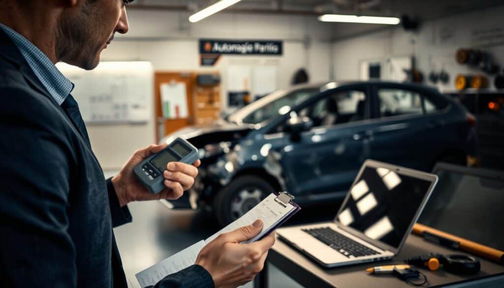 A professional automotive appraiser, dressed in business attire, is examining a damaged vehicle in a well-lit garage. In the foreground, a detailed close-up of the appraiser's focused expression showcases their intent as they hold a digital measuring device in one hand and a clipboard in the other. In the middle ground, the damaged vehicle displays visible scratches and dents, with tools like a laptop and measurement tools spread out on a workbench nearby. The background features a clean and organized workspace with charts and vehicle parts displayed on the walls. The ambient lighting emphasizes the seriousness of the appraisal process, creating a mood of professionalism and diligence, captured from a slightly elevated angle to enhance the depth of the scene.