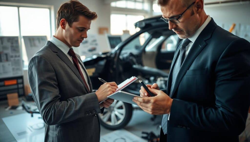 A professional automotive expert, dressed in a smart suit and tie, closely examining a damaged car in a well-lit office filled with technical diagrams and documents. The foreground features a detailed view of the expert with a focused expression, jotting notes on a clipboard. In the middle ground, the damaged car is surrounded by tools and equipment, showcasing the assessment process. The background reveals a large window allowing natural light to stream in, enhancing the atmosphere of professionalism and diligence. The overall mood conveys seriousness and meticulousness, highlighting the expertise involved in determining repair costs. Use soft, neutral lighting to create an inviting yet focused environment, captured with a slight depth of field to emphasize the subject.