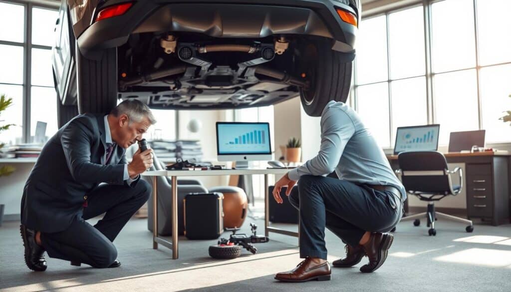 A professional automotive expert examining a car in a well-lit office environment. In the foreground, the expert, a middle-aged man in professional business attire, kneels beside a car inspecting its undercarriage with a flashlight. In the middle, a modern desk cluttered with automotive manuals, a laptop displaying graph charts, and tools is visible, hinting at thorough research and analysis. In the background, large windows let in bright daylight, projecting a sense of clarity and focus. The atmosphere is serious yet approachable, reflecting professionalism and expertise. Soft shadows cast by the window light enhance the depth, creating an engaging scene that conveys trust and reliability in automotive appraisal.