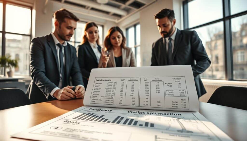 A professional business setting depicting a meeting focused on vehicle repair estimates in Germany. In the foreground, a diverse group of three professionals, dressed in business attire, attentively discussing a blueprint on a table. The middle ground features a detailed view of the blueprint showing cost breakdowns and repair techniques tailored for German standards. The background captures a sleek office environment with large windows allowing natural light to flood in, casting soft shadows. Warm, inviting tones create a collaborative atmosphere, emphasizing the importance of accurate estimates in the repair process. A wide-angle perspective enhances the sense of space and engagement among the participants. A professional business setting depicting a meeting focused on vehicle repair estimates in Germany. In the foreground, a diverse group of three professionals, dressed in business attire, attentively discussing a blueprint on a table. The middle ground features a detailed view of the blueprint showing cost breakdowns and repair techniques tailored for German standards. The background captures a sleek office environment with large windows allowing natural light to flood in, casting soft shadows. Warm, inviting tones create a collaborative atmosphere, emphasizing the importance of accurate estimates in the repair process. A wide-angle perspective enhances the sense of space and engagement among the participants.