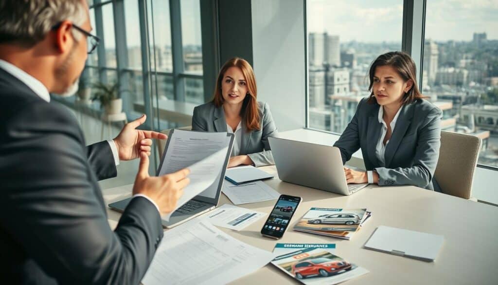 A professional business setting showing a diverse group of people discussing a car accident compensation case in Germany. In the foreground, a male lawyer in a suit gestures towards a laptop displaying legal documents. A female client sits across from him, looking concerned while dressed in a modest business outfit. In the middle, a conference table is scattered with papers, standard German car insurance pamphlets, and a smartphone showing accident images. The background includes a large window revealing a city skyline of a German city like Berlin or Munich, providing natural light that creates a serious yet hopeful atmosphere. The overall mood conveys the complexity of dealing with insurance claims and the need for thorough evaluations of damages in negotiations. A professional business setting showing a diverse group of people discussing a car accident compensation case in Germany. In the foreground, a male lawyer in a suit gestures towards a laptop displaying legal documents. A female client sits across from him, looking concerned while dressed in a modest business outfit. In the middle, a conference table is scattered with papers, standard German car insurance pamphlets, and a smartphone showing accident images. The background includes a large window revealing a city skyline of a German city like Berlin or Munich, providing natural light that creates a serious yet hopeful atmosphere. The overall mood conveys the complexity of dealing with insurance claims and the need for thorough evaluations of damages in negotiations.