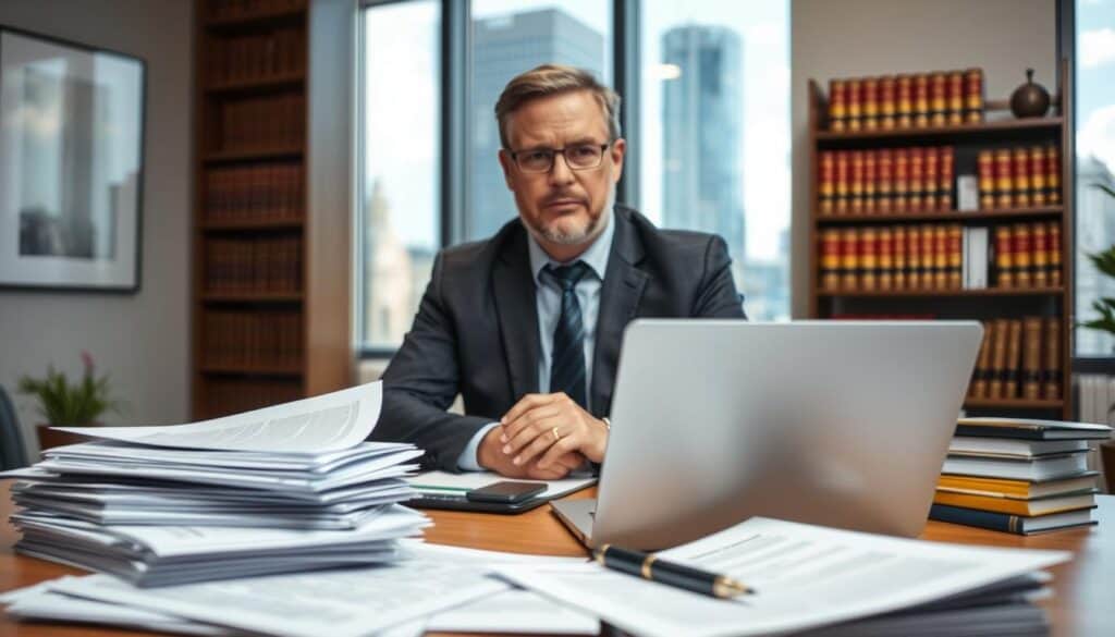 A professional insurance adjuster in a modern office setting, sitting at a desk cluttered with documents and a laptop, conveying a serious yet focused demeanor. In the foreground, stacks of insurance claim forms and a pen are visible, emphasizing the theme of communication and procedural intricacies. The middle ground features a large window showcasing a cityscape, allowing natural light to illuminate the space, creating a bright and inviting atmosphere. In the background, a bookshelf filled with legal books and insurance manuals can be seen, contributing to the professional environment. The overall mood is balanced and thoughtful, reflecting the importance of accuracy and diligence in dealing with insurance matters. The scene is captured with a slight depth of field, highlighting the adjuster while keeping the background softly blurred.