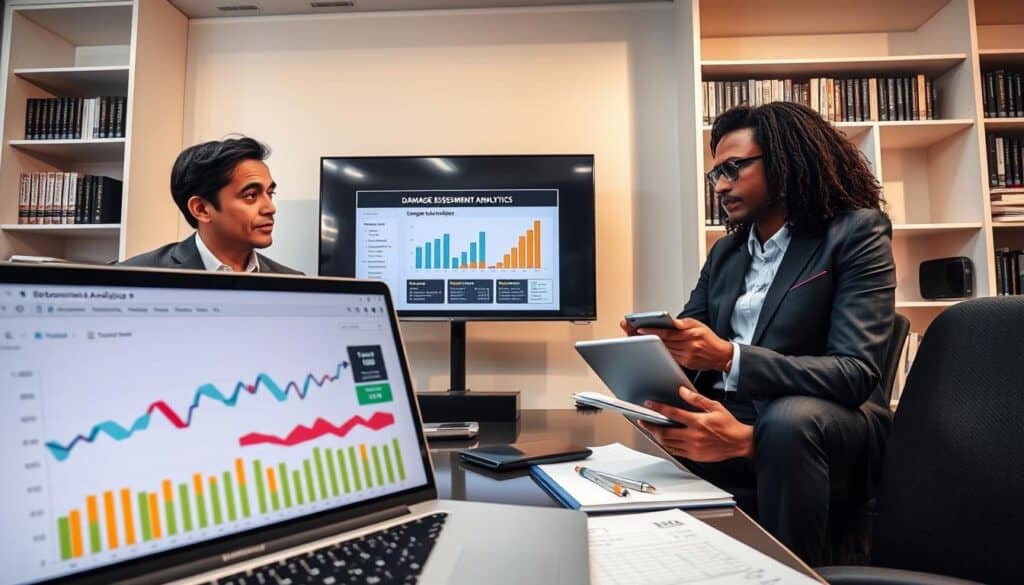 A professional office setting, featuring a diverse group of three business professionals engaged in a discussion over digital data analytics. In the foreground, a laptop displays colorful graphs and charts related to SEO optimization, surrounded by notepads and a digital tablet. In the middle, a large screen shows an infographic about damage assessment analytics, highlighting important metrics. The background includes shelves filled with books on data analysis and SEO strategies, casting subtle shadows that create depth. The lighting is bright and focused on the team, conveying a mood of collaboration and professionalism. The camera angle is slightly low, giving prominence to the group while emphasizing the digital tools they are using. A professional office setting, featuring a diverse group of three business professionals engaged in a discussion over digital data analytics. In the foreground, a laptop displays colorful graphs and charts related to SEO optimization, surrounded by notepads and a digital tablet. In the middle, a large screen shows an infographic about damage assessment analytics, highlighting important metrics. The background includes shelves filled with books on data analysis and SEO strategies, casting subtle shadows that create depth. The lighting is bright and focused on the team, conveying a mood of collaboration and professionalism. The camera angle is slightly low, giving prominence to the group while emphasizing the digital tools they are using.
