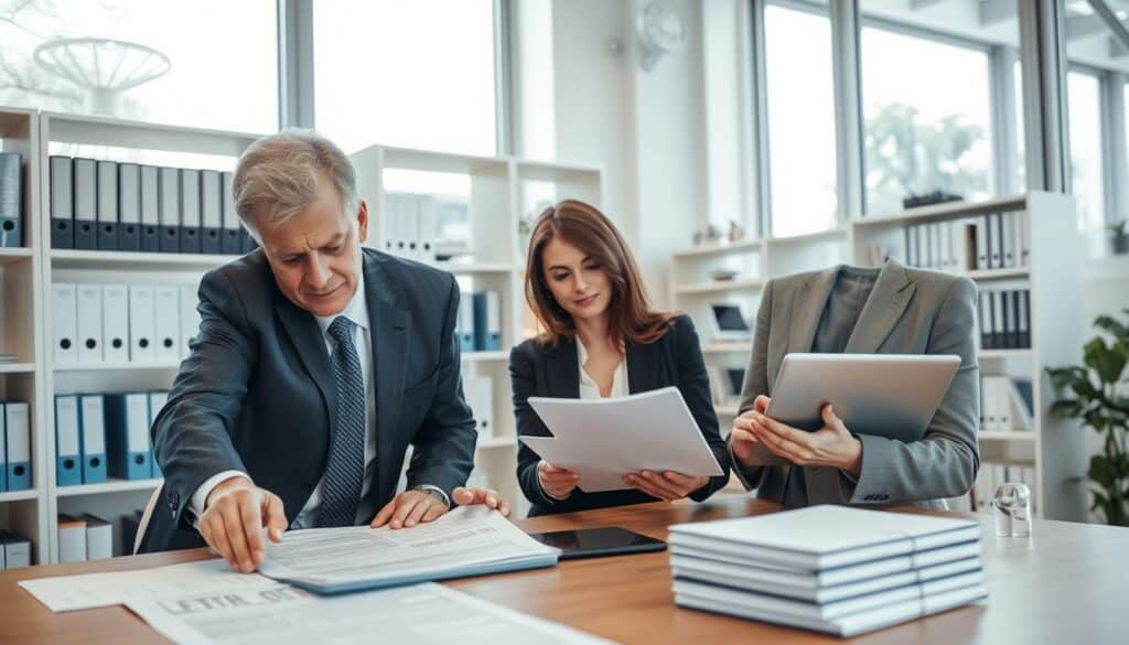 A professional office setting showcasing collaboration between an insurance representative and a technical expert discussing documents and calculations. In the foreground, a middle-aged man in a suit points at a technical report on the table, while a woman in smart business attire takes notes on a laptop, both looking engaged and focused. In the middle ground, shelves filled with insurance manuals and technical reference books add depth to the scene. The background features large windows letting in soft, natural light, creating a bright and optimistic atmosphere. The mood is collaborative and constructive, emphasizing the importance of independent technical opinions in insurance disputes. Capture the scene with a slightly elevated angle, evoking a sense of professionalism and diligence. A professional office setting showcasing collaboration between an insurance representative and a technical expert discussing documents and calculations. In the foreground, a middle-aged man in a suit points at a technical report on the table, while a woman in smart business attire takes notes on a laptop, both looking engaged and focused. In the middle ground, shelves filled with insurance manuals and technical reference books add depth to the scene. The background features large windows letting in soft, natural light, creating a bright and optimistic atmosphere. The mood is collaborative and constructive, emphasizing the importance of independent technical opinions in insurance disputes. Capture the scene with a slightly elevated angle, evoking a sense of professionalism and diligence.