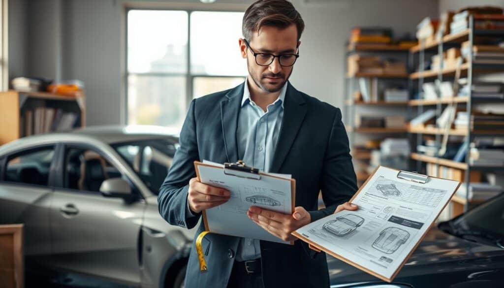 A professional vehicle appraiser, or "rzeczoznawca," stands in an office environment, examining a car’s damage with a focused expression. He is wearing a smart business suit, holding a clipboard with notes and a measuring tape in his hand. In the foreground, the clipboard is visible, showcasing detailed diagrams of car components. The middle layer features a damaged car with visible dents and scratches, illuminated by natural light streaming through a large window. In the background, shelves filled with automotive reference books and tools create a scholarly atmosphere. The overall mood is serious and analytical, emphasizing the importance of expertise in valuing vehicles and assessing damages. Soft, natural lighting enhances the professional setting and highlights the vehicle's details.