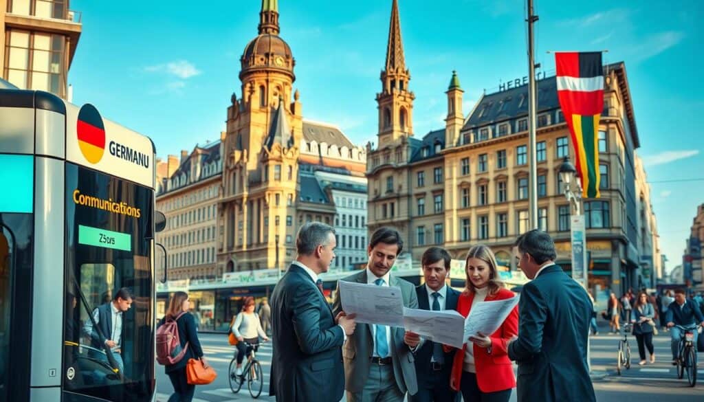 A bustling street scene in Germany, depicting a well-maintained public communication vehicle, such as a bus or tram, showcasing clear signage and branding typical of German transport services. In the foreground, a diverse group of professionals in business attire engaging in conversation, analyzing repair maps and diagrams related to vehicle maintenance. The middle ground features the animated atmosphere of a city, with pedestrians and cyclists commuting, alongside modern buildings indicative of urban Germany. The background displays iconic German architecture under a clear blue sky. The image is illuminated by soft, natural lighting, capturing a vibrant, professional mood with a slight depth of field focused on the communication vehicle and the engaged group.