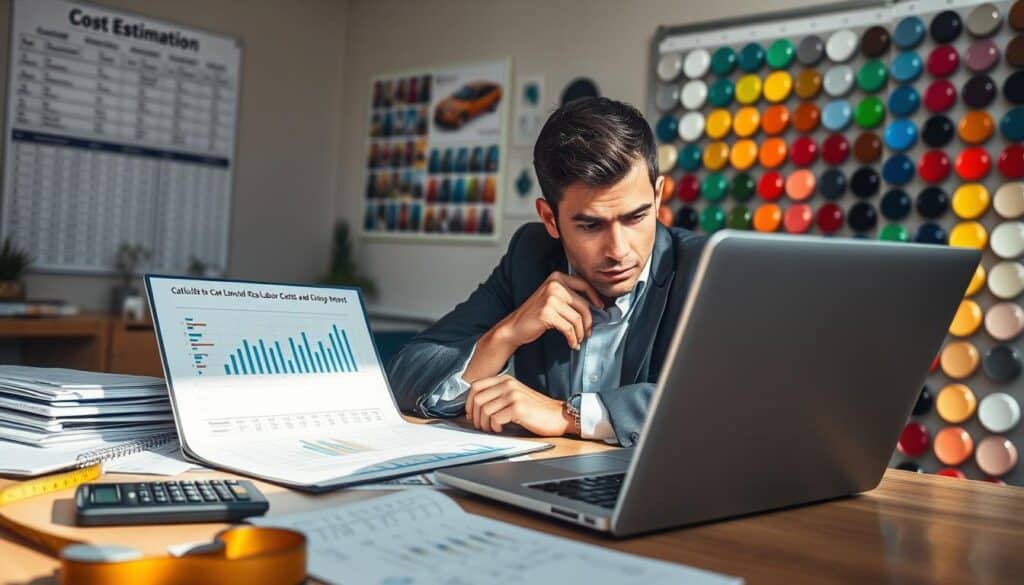 A detailed desk scene focused on cost estimation for automotive repairs, featuring a professional in business attire analyzing a laptop filled with graphs and spreadsheets. In the foreground, diverse tools like a calculator, measuring tape, and notepad with annotated figures are arranged neatly. The middle layer showcases the thoughtful professional, deep in concentration, with a slight frown indicating the weight of calculating real labor costs and painting expenses. The background includes a wall chart with common repair estimates and a soft focus on a colorful array of car paint samples, enhancing the theme of precision and detail. Warm, natural lighting fills the office space, creating a focused yet inviting atmosphere, suitable for a serious discussion about avoiding common pricing errors.