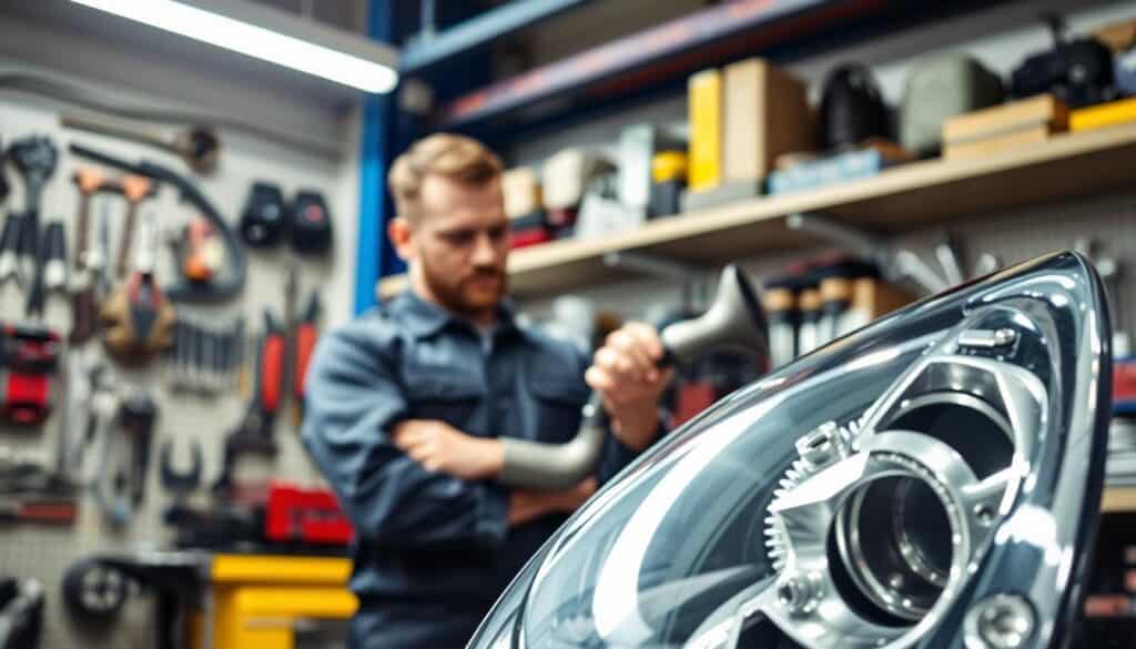 A detailed image of a mechanic workshop displaying original car parts highlighted against a backdrop of blurred tools and equipment, emphasizing their importance in automotive reliability. In the foreground, a glistening, pristine original car part stands out, reflecting soft overhead lights, showcasing its intricate design and fine craftsmanship. In the middle ground, a mechanic in professional attire inspects another part with a look of concentration, emphasizing the hands-on nature of maintenance and repair. The background features shelves filled with various mechanical tools, creating an industrial atmosphere. The lighting is bright and focused, creating a sense of clarity and trust. The overall mood is professional and informative, reinforcing the significance of original parts in vehicle warranty and longevity.