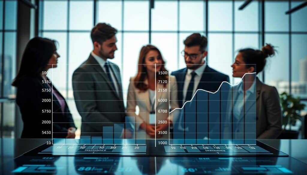 A dynamic image depicting a side-by-side comparison of insurance offers. In the foreground, a modern, sleek digital interface displays two distinct insurance policy graphs with clear numerical differences highlighted. In the middle ground, a diverse group of professionals in business attire engage in discussion, reviewing the graphs with focused expressions. The background features a contemporary office environment with large windows allowing natural sunlight to illuminate the scene, creating an atmosphere of transparency and clarity. The lens captures a slightly angled view to enhance depth, emphasizing the importance of analyzing different insurance options. The overall mood is analytical yet collaborative, reflecting a professional setting of informed decision-making.