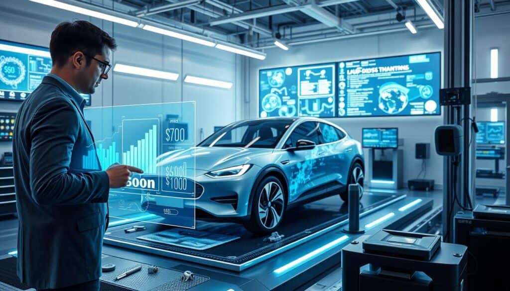 A futuristic automotive workshop with advanced technology for cost calculations. In the foreground, a professional engineer in business attire interacts with a holographic display showing dynamic graphs and repair cost projections. In the middle, a sleek electric vehicle is positioned on a diagnostic platform, with high-tech tools scattered around. The background features digital screens displaying complex algorithms and data analytics, surrounded by a clean, modern environment illuminated by soft blue and white lighting. The atmosphere is innovative and focused, conveying the future of cost estimation in the automotive industry, with an emphasis on precision and efficiency. Capture this scene from a slightly elevated angle to emphasize the technology at play.