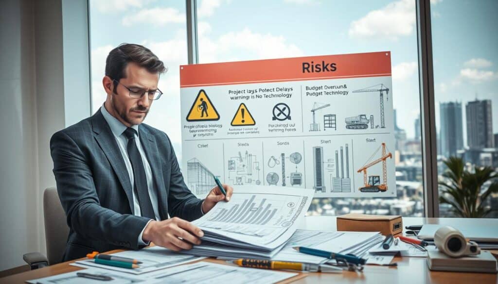 A juxtaposition of risks in a construction-related context, visually represented in a well-lit office setting. In the foreground, a professional businessperson in a suit, examining a complex cost estimate on a desk filled with construction blueprints and tools, looking concerned. In the middle ground, a wall display showing warning signs of potential project delays and budget overruns, with illustrations of construction machinery and technology, contrasting with the absence of producer technology. In the background, a large window showing an industrial skyline, emphasizing an atmosphere of urgency and caution. The lighting is bright and natural, suggesting the clarity of a well-planned project, yet the mood conveys a sense of uncertainty and risk, highlighting the importance of technology in project management.