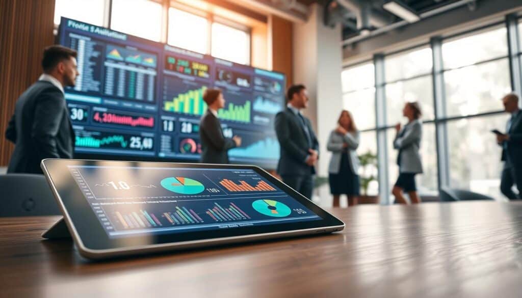 A modern office environment featuring advanced technology tools for cost calculation. In the foreground, a sleek digital tablet displays vibrant graphs and numerical data, surrounded by professional business attire individuals engaged in discussion. The middle layer shows a large screen wall displaying intricate data analytics and budgeting software running in real-time. In the background, large windows let in soft natural light, casting a warm glow over the scene. The atmosphere is collaborative and focused, emphasizing innovation and efficiency. Use soft-focus for depth, shot from a slightly elevated angle to capture both the technology and the engaged professionals. The color palette should convey a sense of productivity with cool blues and greens contrasted against warm wooden tones.