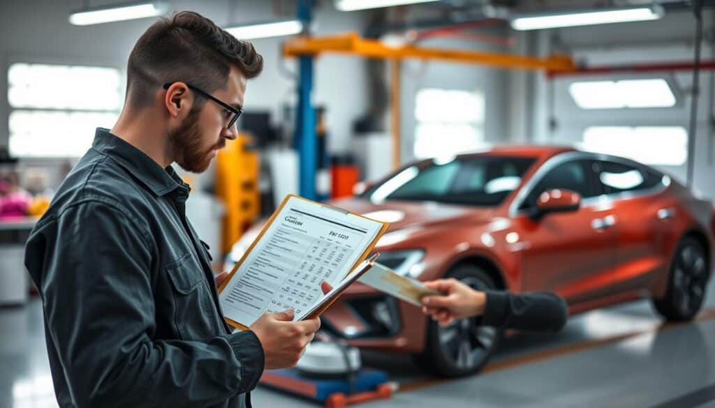 A professional automotive painting workshop scene, showcasing the intricate process of cost estimation for car painting. In the foreground, a focused technician examines a car with a detailed cost breakdown on a clipboard, dressed in a smart uniform. The middle ground features a vibrant array of paint colors and equipment, highlighting the precision of the work. In the background, a sleek painted vehicle stands under bright, even lighting, reflecting the well-done finish. The atmosphere is one of concentration and expertise, with soft shadows enhancing the depth of the workshop environment. The image captures the importance of painting in the vehicle repair process, emphasizing meticulous attention to detail and professionalism.