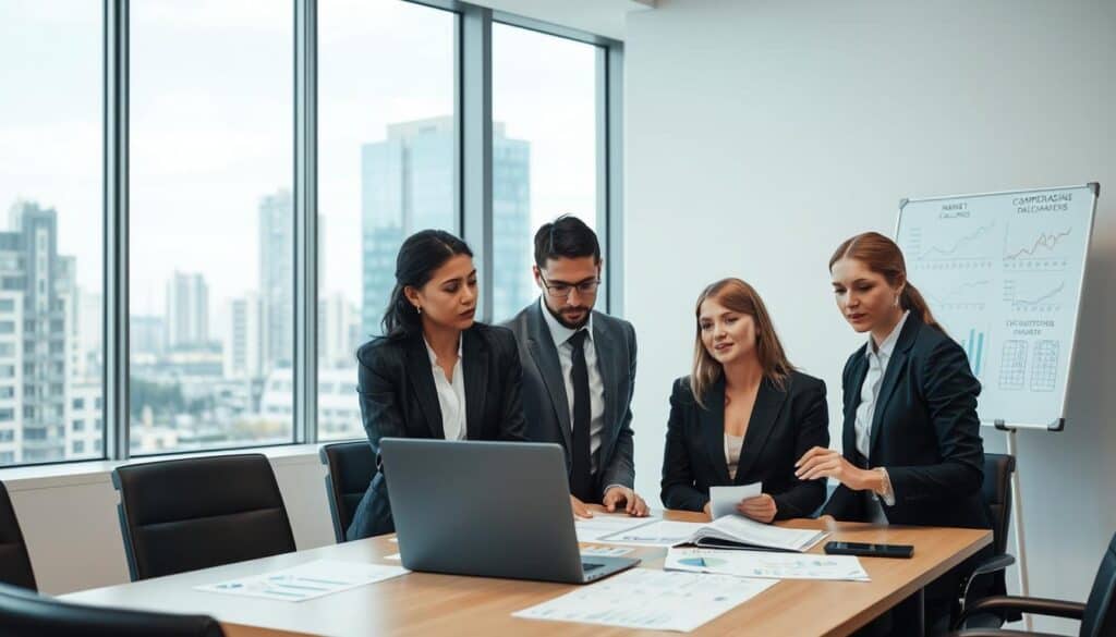 A professional office environment in Germany, featuring a modern conference room. In the foreground, a diverse group of three business professionals, one male and two female, dressed in smart business attire, is engaged in a discussion around a table with financial documents, graphs, and a laptop open. They appear focused and collaborative. In the middle, a large window reveals a cityscape with contemporary buildings, bathed in natural daylight, enhancing the atmosphere of professionalism and clarity. The background shows a whiteboard with charts and notes related to market calculations and compensation standards. The overall mood is serious and informative, with soft, diffused lighting creating a welcoming yet focused environment for productive discussions.