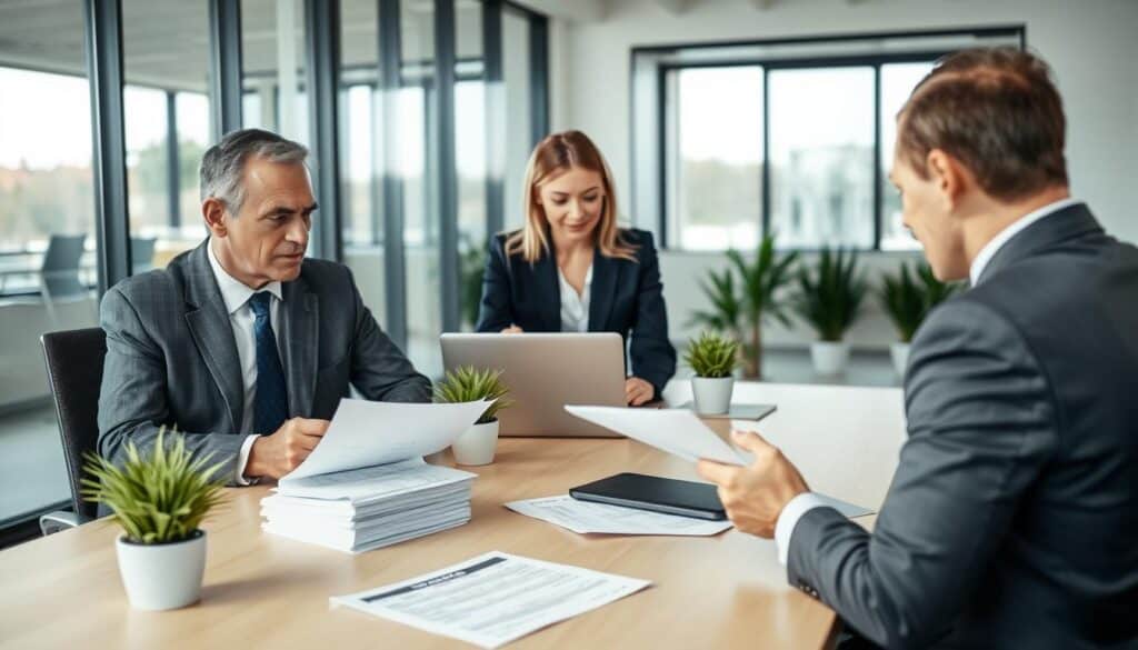 A professional office scene depicting a collaborative meeting between a policyholder and an insurance adjuster. In the foreground, a middle-aged man in business attire attentively reviews a document, showing a look of concern and focus. The insurance adjuster, a woman in a smart, tailored suit, is seated across from him, examining a laptop and pointing at specific information on the screen. In the middle ground, a stack of insurance papers and a laptop are neatly arranged on a modern conference table, surrounded by potted plants adding a touch of greenery. The background showcases a well-lit office with large windows, allowing natural light to pour in, creating a warm yet professional atmosphere. The overall mood is serious and cooperative, emphasizing the importance of clear communication in the claims process. A professional office scene depicting a collaborative meeting between a policyholder and an insurance adjuster. In the foreground, a middle-aged man in business attire attentively reviews a document, showing a look of concern and focus. The insurance adjuster, a woman in a smart, tailored suit, is seated across from him, examining a laptop and pointing at specific information on the screen. In the middle ground, a stack of insurance papers and a laptop are neatly arranged on a modern conference table, surrounded by potted plants adding a touch of greenery. The background showcases a well-lit office with large windows, allowing natural light to pour in, creating a warm yet professional atmosphere. The overall mood is serious and cooperative, emphasizing the importance of clear communication in the claims process.