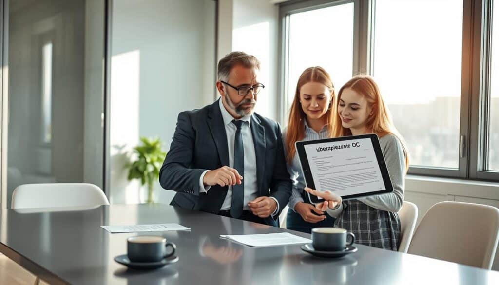 A professional office-setting scene depicting an insurance advisor discussing "ubezpieczenie OC" (liability insurance) with two clients. In the foreground, a middle-aged male advisor, dressed in a suit, is pointing at a digital tablet displaying an insurance policy. Beside him, a young couple, dressed casually but neatly, lean in with attentive expressions, clearly engaged in the conversation. The middle ground shows a sleek modern meeting table with paperwork and a coffee cup, adding a touch of realism. The background features a large window with natural daylight streaming in, casting soft shadows and creating a warm, inviting atmosphere. The image captures a sense of professionalism and trust, emphasizing the importance of understanding insurance details in relation to compensation. A professional office-setting scene depicting an insurance advisor discussing "ubezpieczenie OC" (liability insurance) with two clients. In the foreground, a middle-aged male advisor, dressed in a suit, is pointing at a digital tablet displaying an insurance policy. Beside him, a young couple, dressed casually but neatly, lean in with attentive expressions, clearly engaged in the conversation. The middle ground shows a sleek modern meeting table with paperwork and a coffee cup, adding a touch of realism. The background features a large window with natural daylight streaming in, casting soft shadows and creating a warm, inviting atmosphere. The image captures a sense of professionalism and trust, emphasizing the importance of understanding insurance details in relation to compensation.