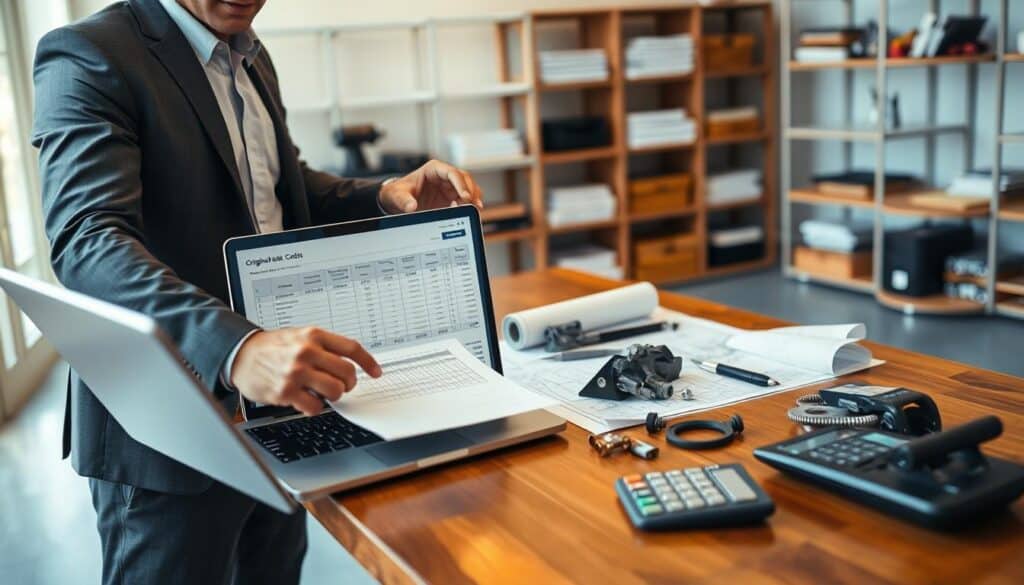 A professional workspace focused on the calculation of original parts costs. In the foreground, a confident business professional in business attire is examining a detailed spreadsheet displayed on a sleek laptop. The middle layer features an elegant wooden desk scattered with blueprints, mechanical parts, and a high-tech calculator, symbolizing the analysis process. The background includes soft, diffused lighting creating a warm, inviting atmosphere, and a blurred office setting with shelves filled with technical manuals and parts, reinforcing the seriousness of the task. The scene conveys a mood of diligence and precision, emphasizing the importance of evaluating original parts and their alternatives in a technical context.