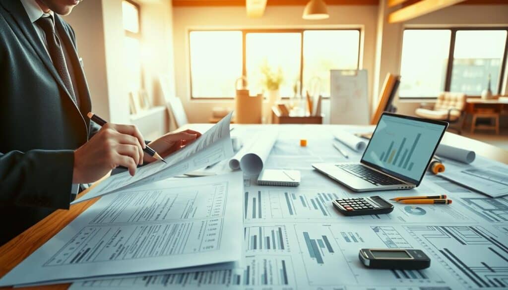 A professional workspace illustrating "analiza kosztorysowa" with a well-organized desk featuring blueprints, calculators, and construction materials. In the foreground, a person in smart business attire, focused on a document, analyzing figures and notes with a pencil in hand. The middle section showcases a large drafting table scattered with detailed cost analysis sheets and charts, with various architectural tools and a laptop displaying graphs. In the background, a bright window allowing natural light to flood the room, creating an inviting and productive atmosphere. Soft shadows and warm tones enhance the sense of professionalism and diligence, underscoring the principles of reliable cost estimation in a technical context.