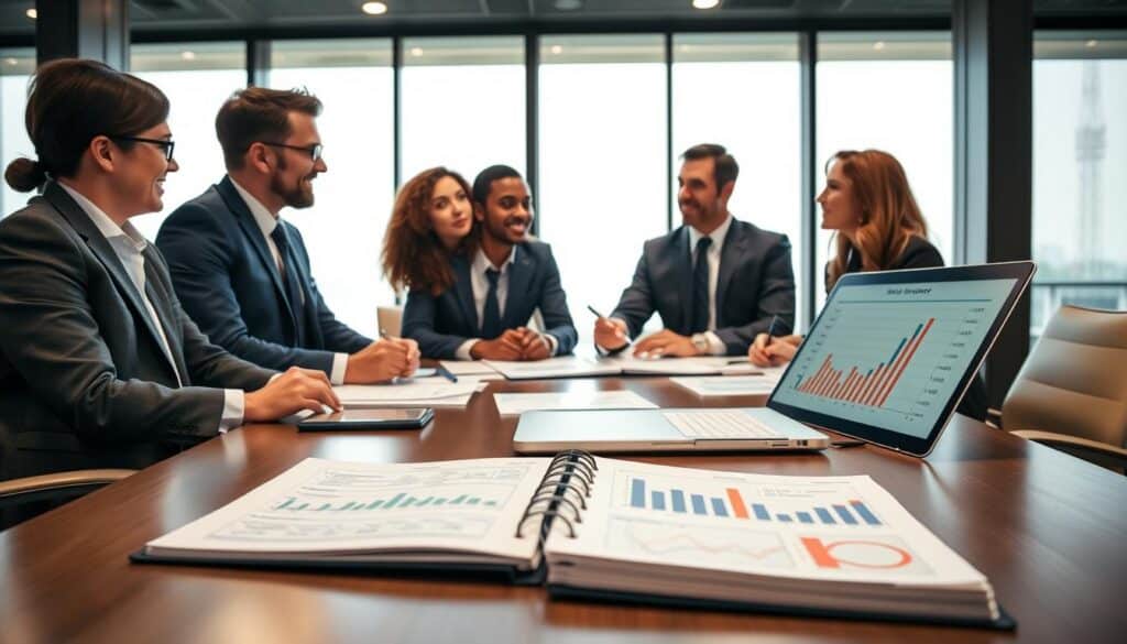 A sophisticated office environment featuring a diverse group of three professionals in business attire engaged in a discussion around a large conference table covered with documents and a laptop displaying insurance-related charts and graphs. In the foreground, an open notebook with various technical notes and calculations suggests independent analysis. The middle ground highlights the professionals exchanging ideas, with expressions of focus and intrigue. The background features a large window that allows natural light to flood the room, casting soft shadows and enhancing the atmosphere of a collaborative workspace. The mood is analytical yet optimistic, reflecting a blend of technical insight and market awareness in the context of current insurance pricing. The image is composed with a slight depth of field to emphasize the discussion.