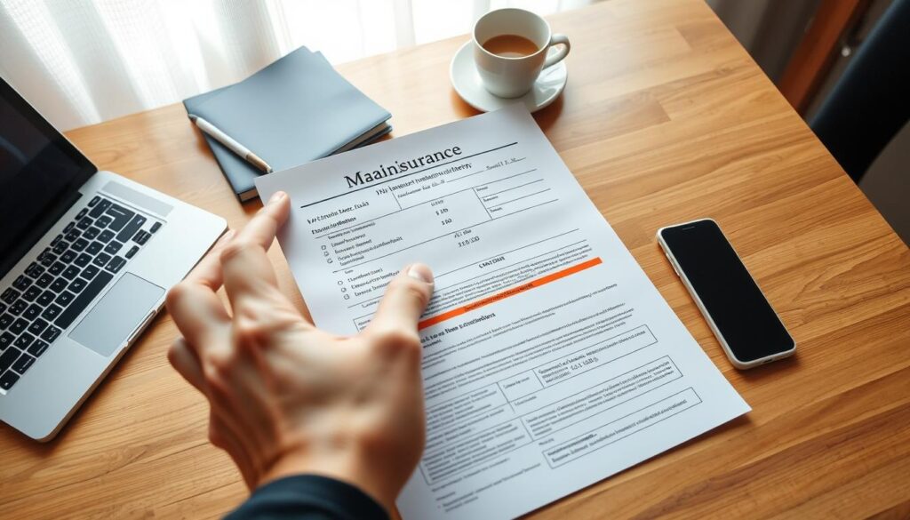 A German insurance document prominently displayed on a wooden desk, surrounded by essential office items like a laptop, a smartphone, and a coffee cup. The document features typical details like policy numbers and terms, highlighted to guide the viewer’s focus. In the foreground, a pair of professional hands in business attire gently point towards specific sections of the document to illustrate examination. In the background, soft natural lighting pours through a window, creating a calm yet focused atmosphere. The scene should evoke a sense of caution and thoroughness, emphasizing the importance of understanding these documents in a professional environment. The camera angle is slightly above eye level, delivering a clear and informative perspective. A German insurance document prominently displayed on a wooden desk, surrounded by essential office items like a laptop, a smartphone, and a coffee cup. The document features typical details like policy numbers and terms, highlighted to guide the viewer’s focus. In the foreground, a pair of professional hands in business attire gently point towards specific sections of the document to illustrate examination. In the background, soft natural lighting pours through a window, creating a calm yet focused atmosphere. The scene should evoke a sense of caution and thoroughness, emphasizing the importance of understanding these documents in a professional environment. The camera angle is slightly above eye level, delivering a clear and informative perspective.