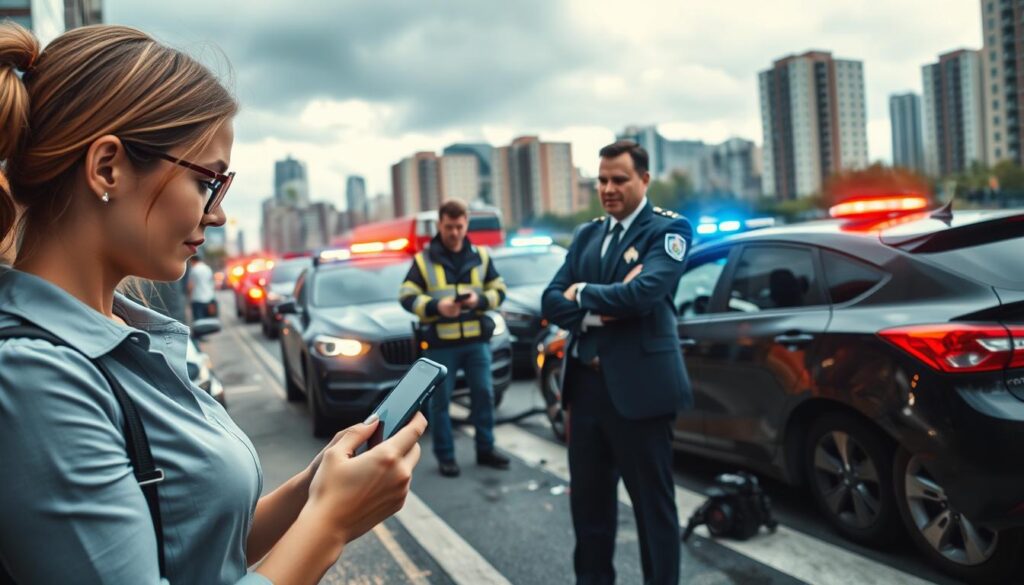 A busy urban scene depicting a car accident aftermath with a focus on efficient response actions. In the foreground, a professional dressed woman uses her smartphone, clearly documenting the incident. Beside her, a man in a suit discusses logistics with a police officer, both focused and serious. The middle ground shows emergency services attending to the wrecked vehicles, with flashing lights illuminating the scene. In the background, city buildings create an urban skyline, subdued under cloudy skies that hint at an impending rain, adding a sense of urgency. The lighting is dramatic, capturing the tension of the situation, and the angle emphasizes the chaos while maintaining clarity on the actions being taken. The atmosphere conveys a sense of urgency and professionalism in crisis management, showcasing how to effectively manage post-collision situations. A busy urban scene depicting a car accident aftermath with a focus on efficient response actions. In the foreground, a professional dressed woman uses her smartphone, clearly documenting the incident. Beside her, a man in a suit discusses logistics with a police officer, both focused and serious. The middle ground shows emergency services attending to the wrecked vehicles, with flashing lights illuminating the scene. In the background, city buildings create an urban skyline, subdued under cloudy skies that hint at an impending rain, adding a sense of urgency. The lighting is dramatic, capturing the tension of the situation, and the angle emphasizes the chaos while maintaining clarity on the actions being taken. The atmosphere conveys a sense of urgency and professionalism in crisis management, showcasing how to effectively manage post-collision situations.