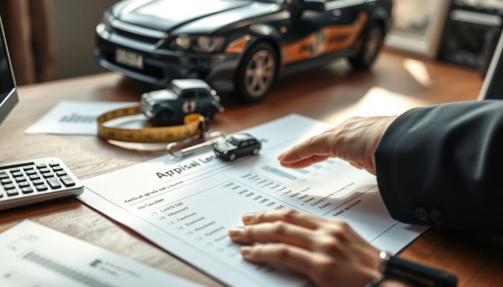 A close-up of a detailed vehicle appraisal document on a wooden desk, with a calculator, measuring tape, and a small, vintage car model beside it. The document prominently displays figures indicating the vehicle's value before an accident, with graphs and charts subtly illustrated in the background. Soft, natural lighting cascades in from a nearby window, casting gentle shadows that add depth and warmth to the scene. A hand in a professional business suit gently points to a highlighted section of the document, symbolizing the assessment process. In the background, a blurred image of a damaged car can be seen, emphasizing the theme of vehicle valuation in relation to assessing damages. The atmosphere is professional, focused, and reflective of diligence in documentation. A close-up of a detailed vehicle appraisal document on a wooden desk, with a calculator, measuring tape, and a small, vintage car model beside it. The document prominently displays figures indicating the vehicle's value before an accident, with graphs and charts subtly illustrated in the background. Soft, natural lighting cascades in from a nearby window, casting gentle shadows that add depth and warmth to the scene. A hand in a professional business suit gently points to a highlighted section of the document, symbolizing the assessment process. In the background, a blurred image of a damaged car can be seen, emphasizing the theme of vehicle valuation in relation to assessing damages. The atmosphere is professional, focused, and reflective of diligence in documentation.