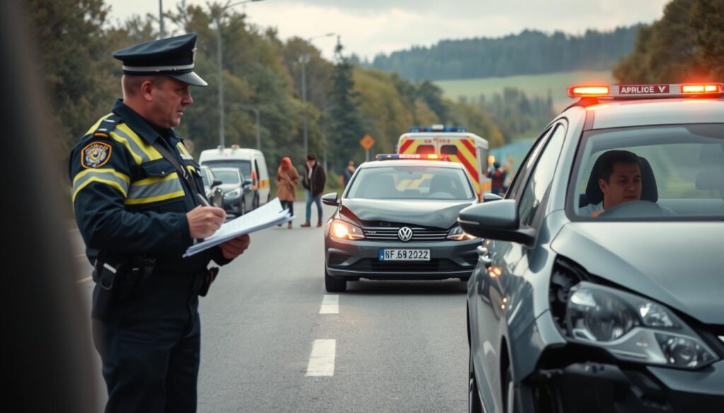 A depiction of a car accident scene on a busy German road, featuring two vehicles with visible damage. In the foreground, a police officer in professional attire is taking notes while speaking to an animated, concerned driver dressed in modest casual clothing. The middle ground shows a couple of bystanders observing the scene, while emergency vehicles with flashing lights are parked nearby. The background features a typical German landscape with trees and road signs. The lighting is a soft, overcast day, creating a somber mood. The image is framed at eye level, capturing the intensity of the moment without any text or markings. A depiction of a car accident scene on a busy German road, featuring two vehicles with visible damage. In the foreground, a police officer in professional attire is taking notes while speaking to an animated, concerned driver dressed in modest casual clothing. The middle ground shows a couple of bystanders observing the scene, while emergency vehicles with flashing lights are parked nearby. The background features a typical German landscape with trees and road signs. The lighting is a soft, overcast day, creating a somber mood. The image is framed at eye level, capturing the intensity of the moment without any text or markings.