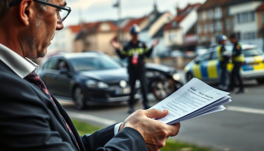 A detailed and realistic image depicting the financial costs associated with a car accident in Germany. In the foreground, a professional lawyer in business attire, thoughtfully reviewing documents related to accident compensation claims. In the middle ground, a blurred scene of a damaged car, with visible signs of a collision, while a police officer and paramedics engage in their duties, conveying a sense of urgency. The background features a cityscape of a typical German town, with distinct architectural elements. Soft, natural lighting creates a somber atmosphere, emphasizing the seriousness of the topic. The perspective is slightly elevated, capturing the scene in a way that encourages reflection on legal and financial responsibilities after an accident.