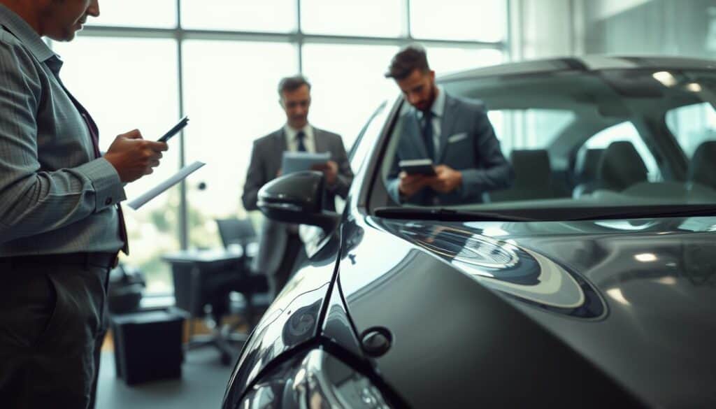 A detailed close-up shot of a damaged vehicle being assessed for value loss. In the foreground, professional appraisers in business attire are examining the vehicle, using tools such as measuring devices and notepads. The middle ground features the vehicle with visible dent marks and scratches, highlighting the extent of the damage. The background includes a bright, well-lit office environment with a large window allowing natural light to filter in, creating an atmosphere of professionalism and diligence. The composition should utilize a slightly high angle to capture the scene effectively, emphasizing the appraisal process. The mood is serious and focused, reflecting the gravity of evaluating vehicle depreciation. A detailed close-up shot of a damaged vehicle being assessed for value loss. In the foreground, professional appraisers in business attire are examining the vehicle, using tools such as measuring devices and notepads. The middle ground features the vehicle with visible dent marks and scratches, highlighting the extent of the damage. The background includes a bright, well-lit office environment with a large window allowing natural light to filter in, creating an atmosphere of professionalism and diligence. The composition should utilize a slightly high angle to capture the scene effectively, emphasizing the appraisal process. The mood is serious and focused, reflecting the gravity of evaluating vehicle depreciation.