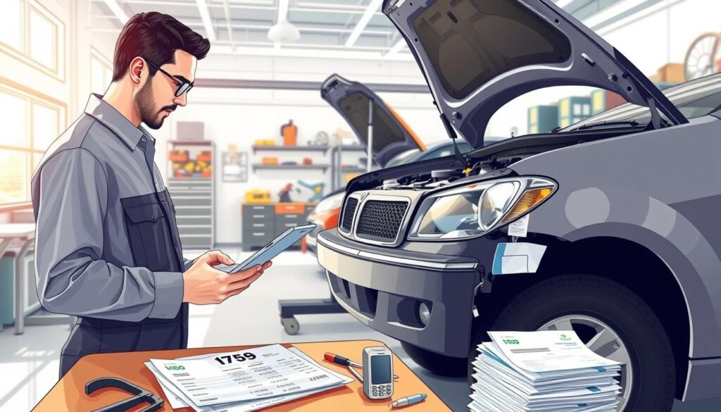 A detailed illustration depicting the costs of vehicle repair in a professional setting. In the foreground, a mechanic in professional attire examines a damaged car, using tools and a tablet to calculate repair expenses. The middle ground features a workbench with various auto repair parts and invoices, emphasizing the financial aspect. In the background, a bright, well-lit garage with equipment and tools organized neatly conveys a busy, industrious atmosphere. Soft, natural lighting highlights the mechanic's focused expression, creating a serious yet hopeful mood. The angle is slightly above eye level, giving a comprehensive view of the scene while ensuring clarity and detail. No text or logos are present in the image.