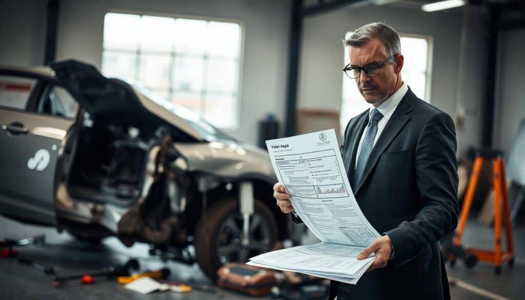 A detailed scene depicting a professional assessment and analysis of vehicle damage. In the foreground, a well-dressed automotive expert, wearing a tailored suit and glasses, is analyzing a comprehensive damage report beside a damaged car in a garage. The middle ground features the partially crumpled vehicle with visible dents and scratches, accented by tools and equipment scattered nearby. In the background, a bright, well-lit room showcasing a large window with natural sunlight illuminating the workspace. The atmosphere is serious and focused, conveying a sense of professionalism and expertise. The lens captures a slight depth of field, emphasizing the expert's concentration and the intricate details of the damage assessment. A detailed scene depicting a professional assessment and analysis of vehicle damage. In the foreground, a well-dressed automotive expert, wearing a tailored suit and glasses, is analyzing a comprehensive damage report beside a damaged car in a garage. The middle ground features the partially crumpled vehicle with visible dents and scratches, accented by tools and equipment scattered nearby. In the background, a bright, well-lit room showcasing a large window with natural sunlight illuminating the workspace. The atmosphere is serious and focused, conveying a sense of professionalism and expertise. The lens captures a slight depth of field, emphasizing the expert's concentration and the intricate details of the damage assessment.