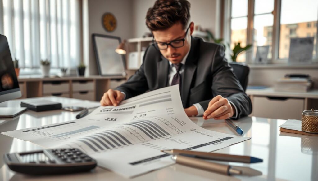 A detailed scene depicting a professional automotive repair cost estimate, displayed on a pristine desk in an office environment. The foreground features a meticulously crafted cost assessment document, with charts and figures clearly visible, alongside a calculator and a pen. In the middle, a professional dressed in business attire is closely analyzing the document, reflecting focused determination. The background showcases a well-organized workspace with a soft, warm light pouring through a nearby window, creating a cozy and serious atmosphere. The scene conveys the importance of accurately evaluating repair costs after a vehicle accident, set in a modern office reflecting efficiency and professionalism. Capture the scene from a slightly elevated angle to highlight the document and the individual. A detailed scene depicting a professional automotive repair cost estimate, displayed on a pristine desk in an office environment. The foreground features a meticulously crafted cost assessment document, with charts and figures clearly visible, alongside a calculator and a pen. In the middle, a professional dressed in business attire is closely analyzing the document, reflecting focused determination. The background showcases a well-organized workspace with a soft, warm light pouring through a nearby window, creating a cozy and serious atmosphere. The scene conveys the importance of accurately evaluating repair costs after a vehicle accident, set in a modern office reflecting efficiency and professionalism. Capture the scene from a slightly elevated angle to highlight the document and the individual.