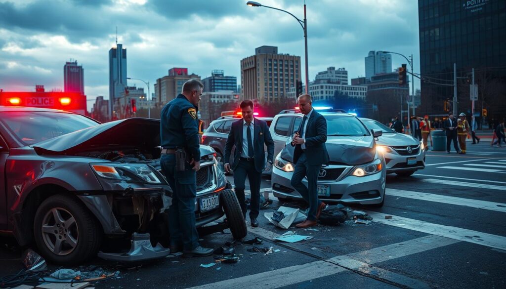 A detailed scene depicting a serious multi-vehicle accident on a busy urban intersection. In the foreground, several damaged vehicles, including a sedan and an SUV, are in disarray, their crumpled frames highlighting the impact. Emergency responders in professional attire assess the situation, aiding one injured individual in smart business clothing. The middle ground features shattered glass and debris scattered across the road, while concerned onlookers watch from a distance. In the background, city buildings loom under a cloudy sky, with emergency lights flashing. The atmosphere is tense and chaotic, illuminated by the contrasting reds and blues of police lights. The scene is captured with a slight upward angle, emphasizing the gravity of the event and the urgency of response. A detailed scene depicting a serious multi-vehicle accident on a busy urban intersection. In the foreground, several damaged vehicles, including a sedan and an SUV, are in disarray, their crumpled frames highlighting the impact. Emergency responders in professional attire assess the situation, aiding one injured individual in smart business clothing. The middle ground features shattered glass and debris scattered across the road, while concerned onlookers watch from a distance. In the background, city buildings loom under a cloudy sky, with emergency lights flashing. The atmosphere is tense and chaotic, illuminated by the contrasting reds and blues of police lights. The scene is captured with a slight upward angle, emphasizing the gravity of the event and the urgency of response.