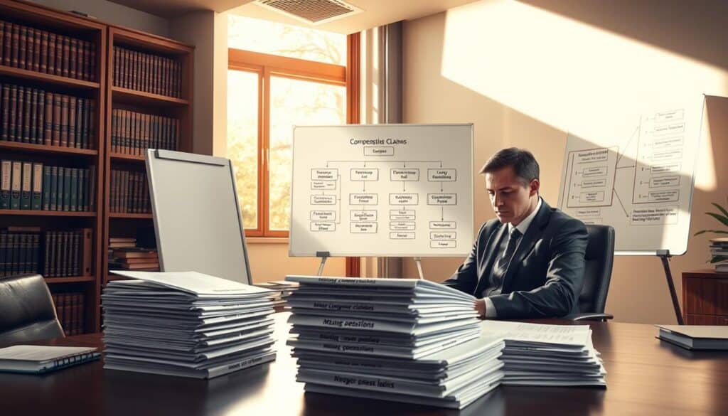 A detailed scene depicting an office environment with a professional legal setting. In the foreground, a well-dressed lawyer sits at a desk, reviewing a stack of documents labeled with various types of compensation claims. The middle ground features a large, open window letting in warm, natural light that illuminates the room, creating a calm and focused atmosphere. In the background, bookshelves filled with legal books and case files emphasize the legal theme. A whiteboard displays a flowchart illustrating the claims process, highlighting missing compensation positions. Soft shadows cast across the room add depth, and the overall mood is serious yet inviting, reflecting the importance of thorough compensation discussions. The image should remain free of any text or annotations. A detailed scene depicting an office environment with a professional legal setting. In the foreground, a well-dressed lawyer sits at a desk, reviewing a stack of documents labeled with various types of compensation claims. The middle ground features a large, open window letting in warm, natural light that illuminates the room, creating a calm and focused atmosphere. In the background, bookshelves filled with legal books and case files emphasize the legal theme. A whiteboard displays a flowchart illustrating the claims process, highlighting missing compensation positions. Soft shadows cast across the room add depth, and the overall mood is serious yet inviting, reflecting the importance of thorough compensation discussions. The image should remain free of any text or annotations.