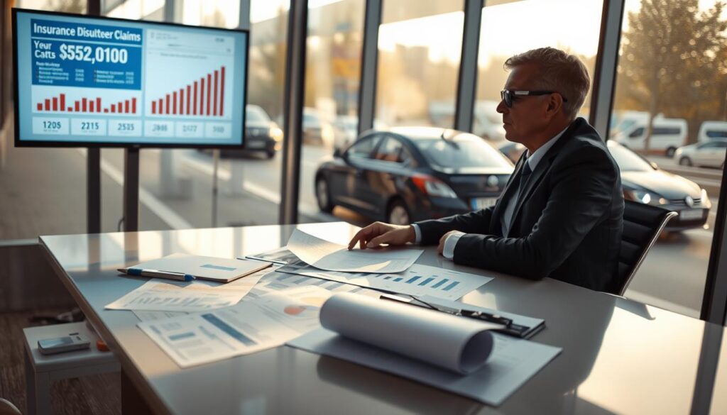 A detailed scene depicting the financial impacts of a car accident in Germany, set in an office environment. In the foreground, a professional individual in business attire is analyzing accident-related documents on a sleek desk, surrounded by charts and graphs illustrating costs. The middle ground features a digital screen displaying statistics related to insurance disputes over claims. In the background, through a large window, a blurred view of a busy German roadway captures the essence of urban life. Soft, natural lighting streams in, creating a serious yet focused atmosphere, emphasizing the analytical nature of the subject. The image should convey a sense of professionalism and urgency, suitable for an informative context.