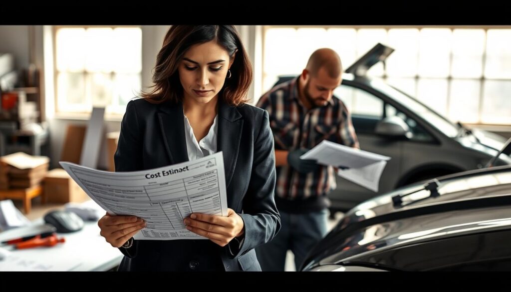 A detailed scene illustrating the concept of "repair vs. cost estimation." In the foreground, a professional businesswoman dressed in a tailored suit is examining a detailed cost estimate document, her focused expression indicating deep consideration. Beside her is a mechanic wearing a work shirt and gloves, pointing out specific repairs on a vehicle, which is partially visible. In the middle ground, an office setting with blueprints and tools scattered around creates a juxtaposition between planning and execution. The background features a window with soft, natural light streaming in, casting gentle shadows to create a calm and analytical atmosphere. The overall mood is serious yet collaborative, highlighting the decision-making process involved in repair and cost negotiation. A detailed scene illustrating the concept of "repair vs. cost estimation." In the foreground, a professional businesswoman dressed in a tailored suit is examining a detailed cost estimate document, her focused expression indicating deep consideration. Beside her is a mechanic wearing a work shirt and gloves, pointing out specific repairs on a vehicle, which is partially visible. In the middle ground, an office setting with blueprints and tools scattered around creates a juxtaposition between planning and execution. The background features a window with soft, natural light streaming in, casting gentle shadows to create a calm and analytical atmosphere. The overall mood is serious yet collaborative, highlighting the decision-making process involved in repair and cost negotiation.